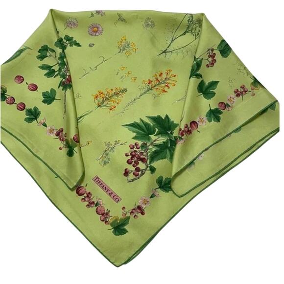 Vintage Tiffany & Co. Green Floral, Fruit, Veggie Design Silk Scarf  34.5" - Picture 2 of 5